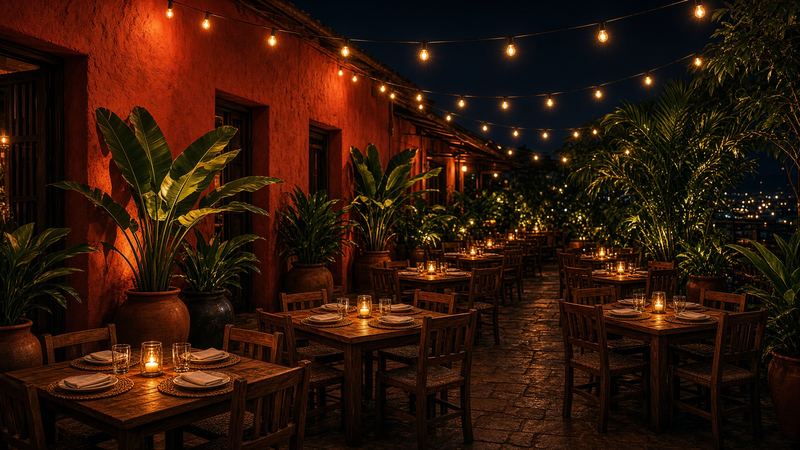 Mesas con velas en el patio de Brasa Pytã, bajo guirnaldas de luces