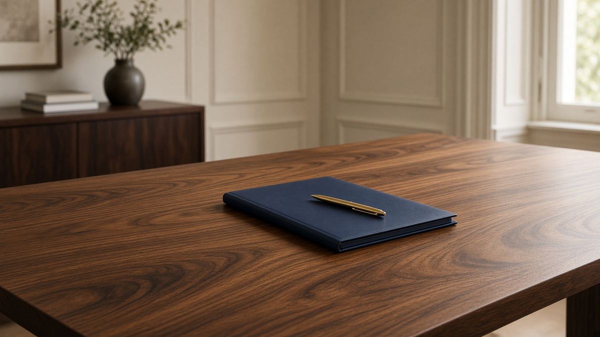 Cuaderno azul y lapicera dorada sobre un escritorio de nogal.